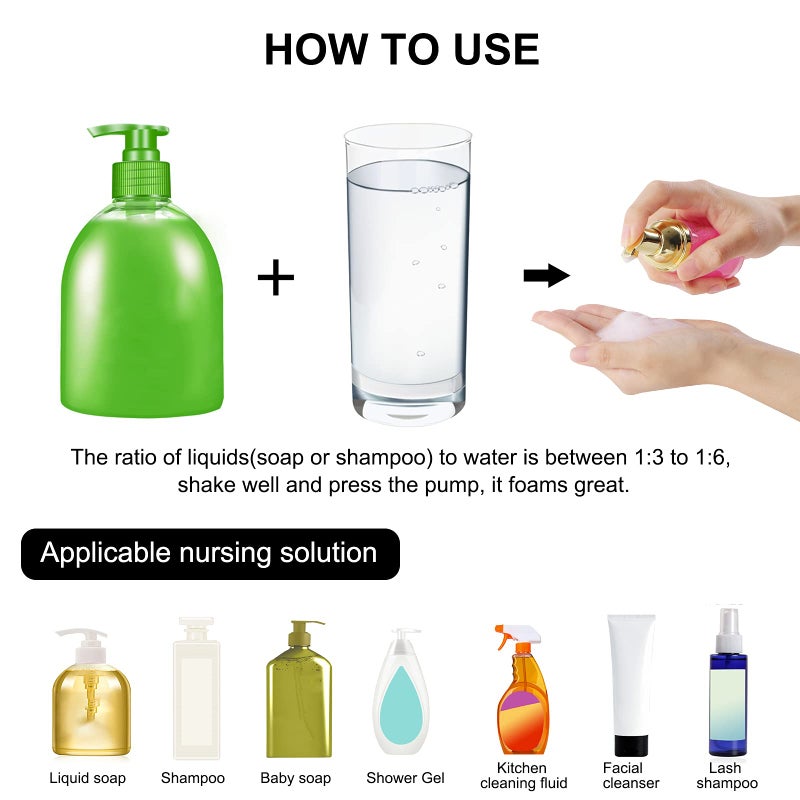 Dming 8 Pcs 1oz 30ml Plastic Foamer Pump Bottle Foam Dispenser Bottles Mini Liquid Foaming Bottles for Refillable Travel Hand Soap Foaming Shampoo Castile Cleaning (Gold+Clear) - Image 4